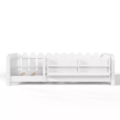 Bellemave® Floor Bed with Rails & Slats, Montessori Floor Bed with Bookshelf, Fence & Lights, Low Profile Montessori Beds Frame for Girls, Boys - Bellemave