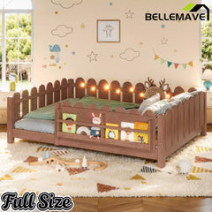 Bellemave® Floor Bed with Rails & Slats, Montessori Floor Bed with Bookshelf, Fence & Lights, Low Profile Montessori Beds Frame for Girls, Boys - Bellemave