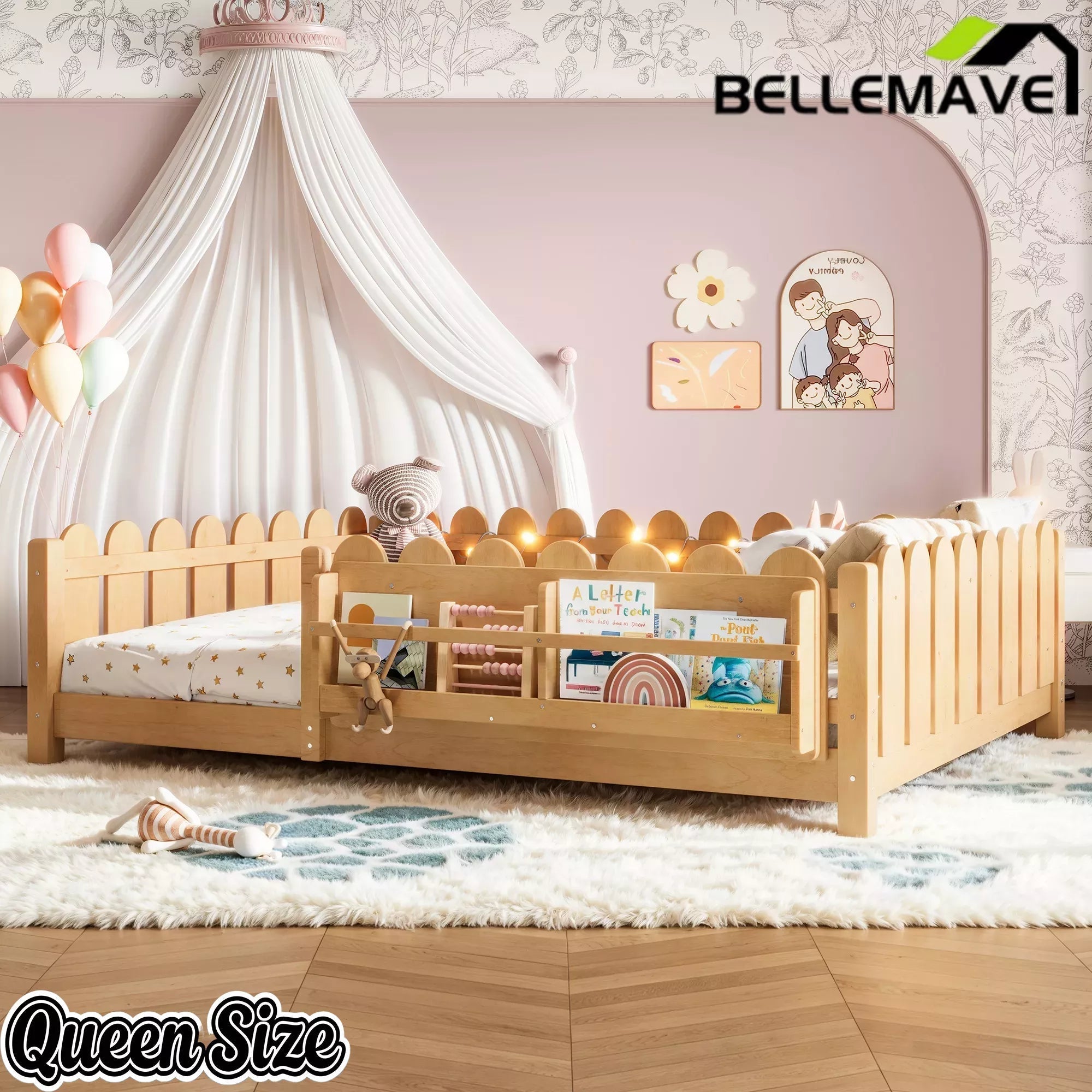 Bellemave® Floor Bed with Rails & Slats, Montessori Floor Bed with Bookshelf, Fence & Lights, Low Profile Montessori Beds Frame for Girls, Boys - Bellemave