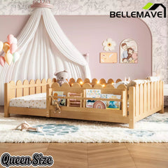 Bellemave® Floor Bed with Rails & Slats, Montessori Floor Bed with Bookshelf, Fence & Lights, Low Profile Montessori Beds Frame for Girls, Boys - Bellemave