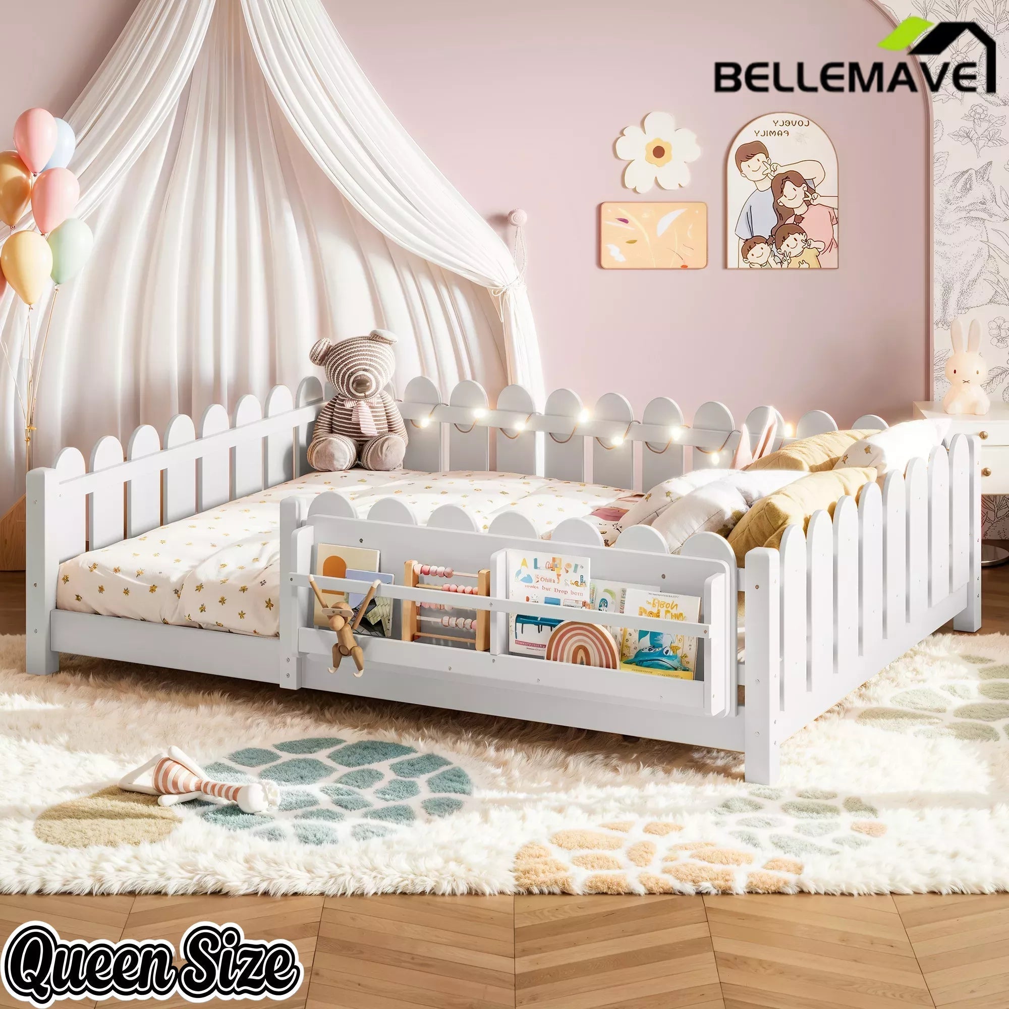 Bellemave® Floor Bed with Rails & Slats, Montessori Floor Bed with Bookshelf, Fence & Lights, Low Profile Montessori Beds Frame for Girls, Boys - Bellemave