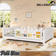 Bellemave® Floor Bed with Rails & Slats, Montessori Floor Bed with Bookshelf, Fence & Lights, Low Profile Montessori Beds Frame for Girls, Boys - Bellemave