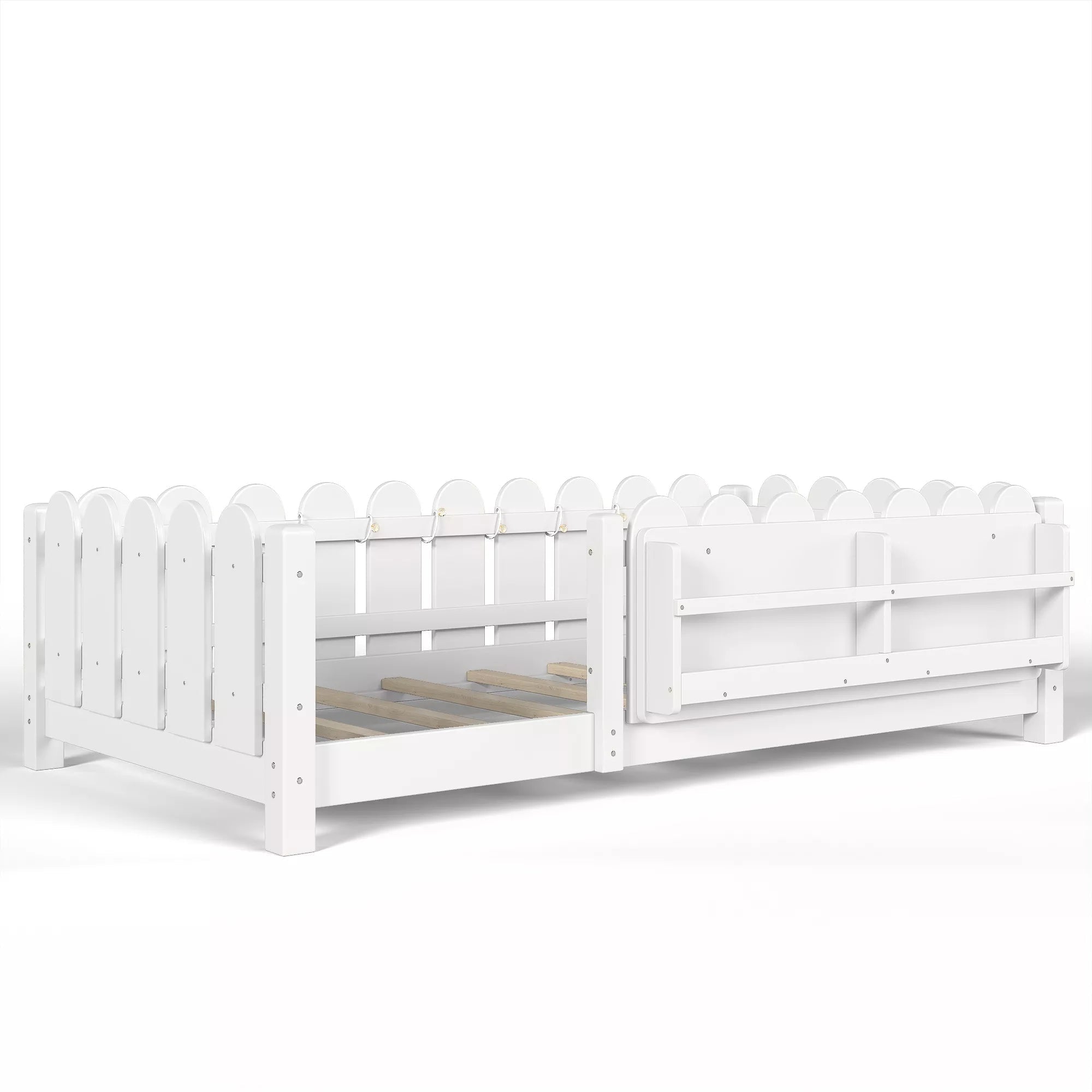 Bellemave® Floor Bed with Rails & Slats, Montessori Floor Bed with Bookshelf, Fence & Lights, Low Profile Montessori Beds Frame for Girls, Boys - Bellemave