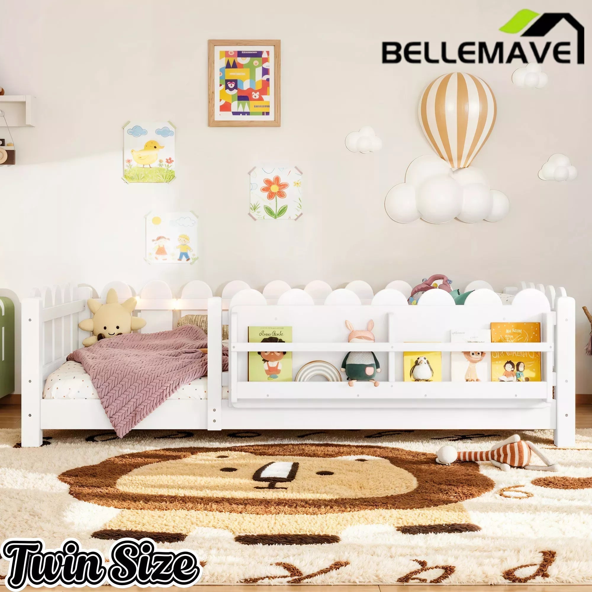 Bellemave® Floor Bed with Rails & Slats, Montessori Floor Bed with Bookshelf, Fence & Lights, Low Profile Montessori Beds Frame for Girls, Boys - Bellemave