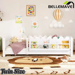 Bellemave® Floor Bed with Rails & Slats, Montessori Floor Bed with Bookshelf, Fence & Lights, Low Profile Montessori Beds Frame for Girls, Boys - Bellemave