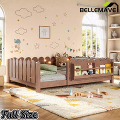 Bellemave® Floor Bed with Rails & Slats, Montessori Floor Bed with Bookshelf, Fence & Lights, Low Profile Montessori Beds Frame for Girls, Boys - Bellemave