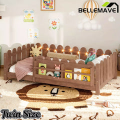 Bellemave® Floor Bed with Rails & Slats, Montessori Floor Bed with Bookshelf, Fence & Lights, Low Profile Montessori Beds Frame for Girls, Boys - Bellemave