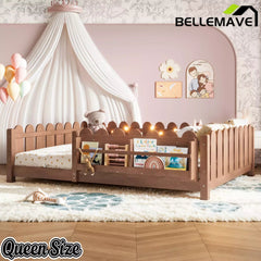 Bellemave® Floor Bed with Rails & Slats, Montessori Floor Bed with Bookshelf, Fence & Lights, Low Profile Montessori Beds Frame for Girls, Boys - Bellemave