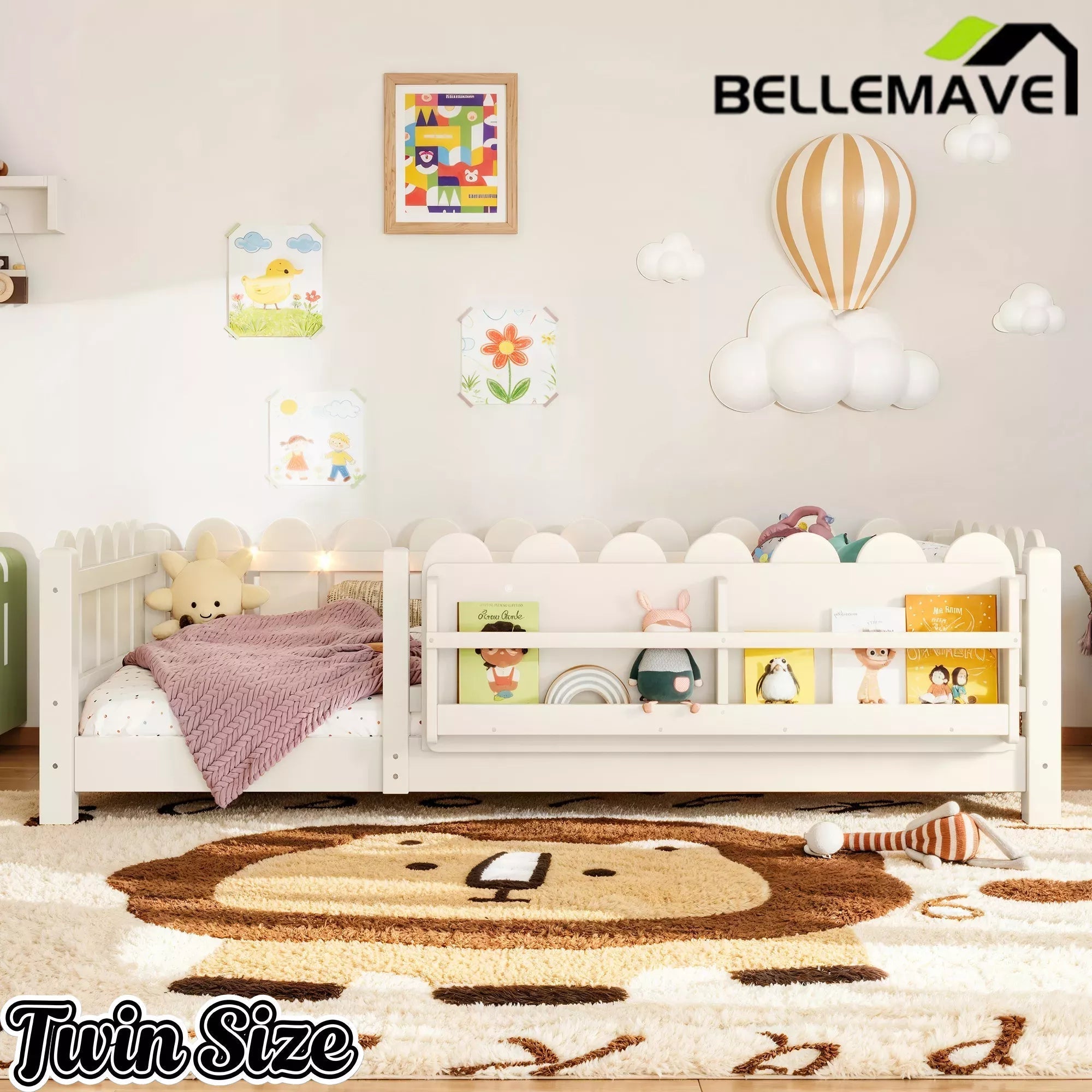 Bellemave® Floor Bed with Rails & Slats, Montessori Floor Bed with Bookshelf, Fence & Lights, Low Profile Montessori Beds Frame for Girls, Boys - Bellemave