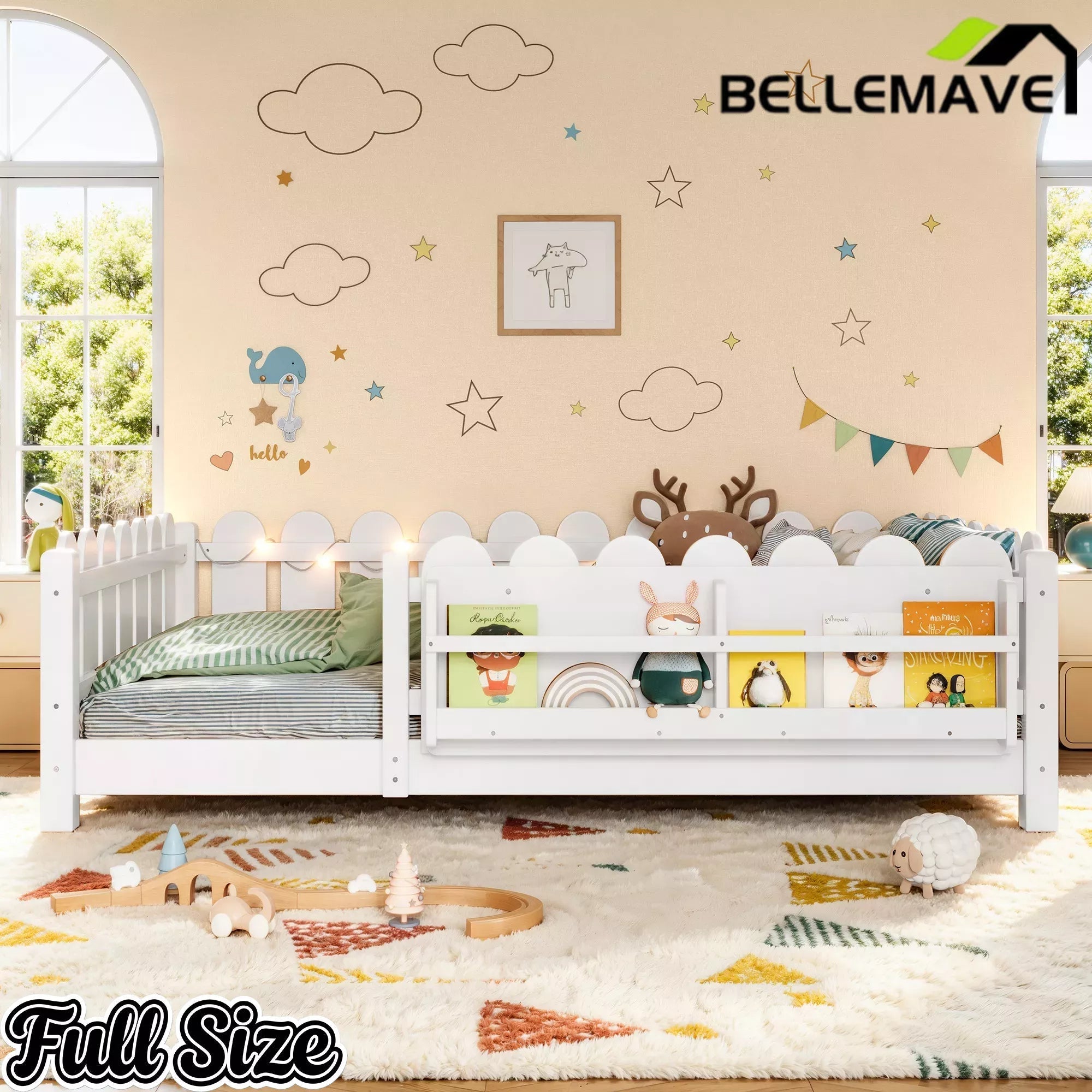 Bellemave® Floor Bed with Rails & Slats, Montessori Floor Bed with Bookshelf, Fence & Lights, Low Profile Montessori Beds Frame for Girls, Boys - Bellemave