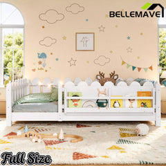 Bellemave® Floor Bed with Rails & Slats, Montessori Floor Bed with Bookshelf, Fence & Lights, Low Profile Montessori Beds Frame for Girls, Boys - Bellemave