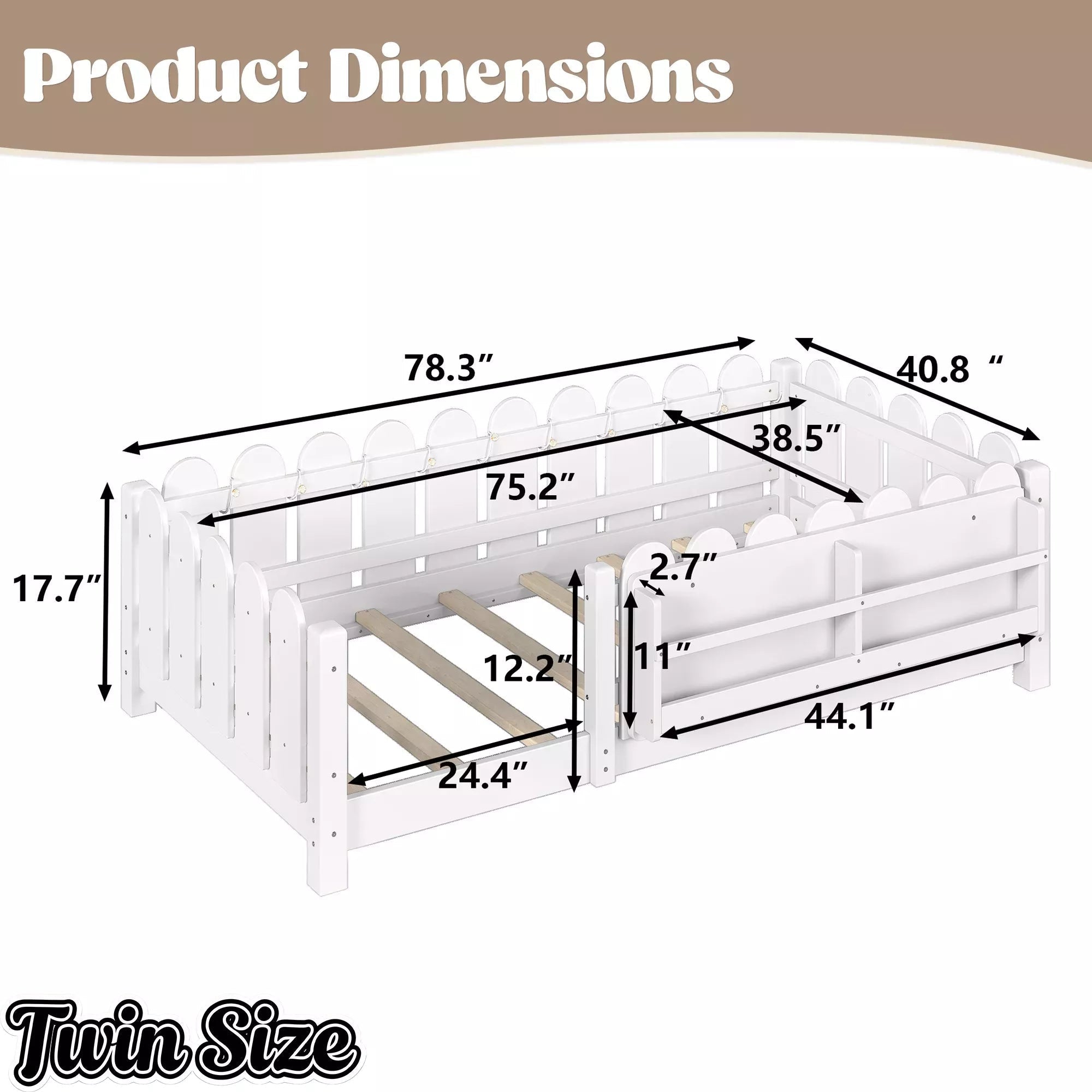 Bellemave® Floor Bed with Rails & Slats, Montessori Floor Bed with Bookshelf, Fence & Lights, Low Profile Montessori Beds Frame for Girls, Boys - Bellemave