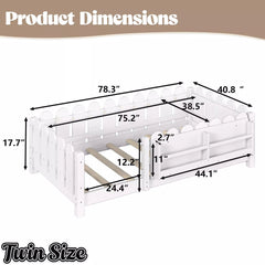 Bellemave® Floor Bed with Rails & Slats, Montessori Floor Bed with Bookshelf, Fence & Lights, Low Profile Montessori Beds Frame for Girls, Boys - Bellemave