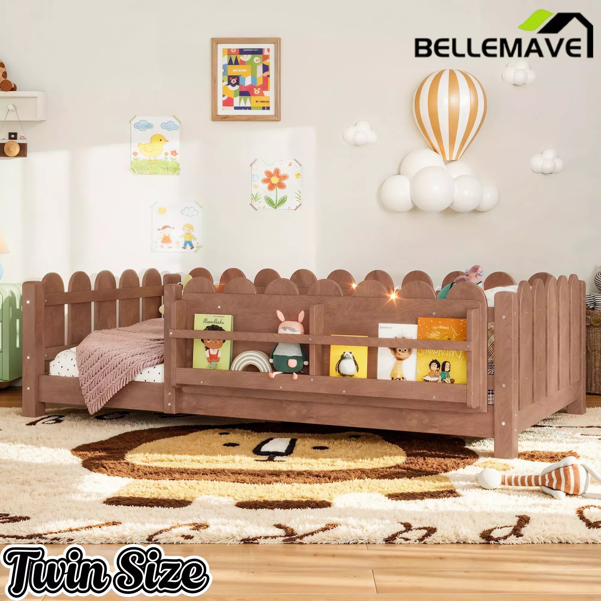 Bellemave® Floor Bed with Rails & Slats, Montessori Floor Bed with Bookshelf, Fence & Lights, Low Profile Montessori Beds Frame for Girls, Boys - Bellemave