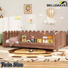 Bellemave® Floor Bed with Rails & Slats, Montessori Floor Bed with Bookshelf, Fence & Lights, Low Profile Montessori Beds Frame for Girls, Boys - Bellemave