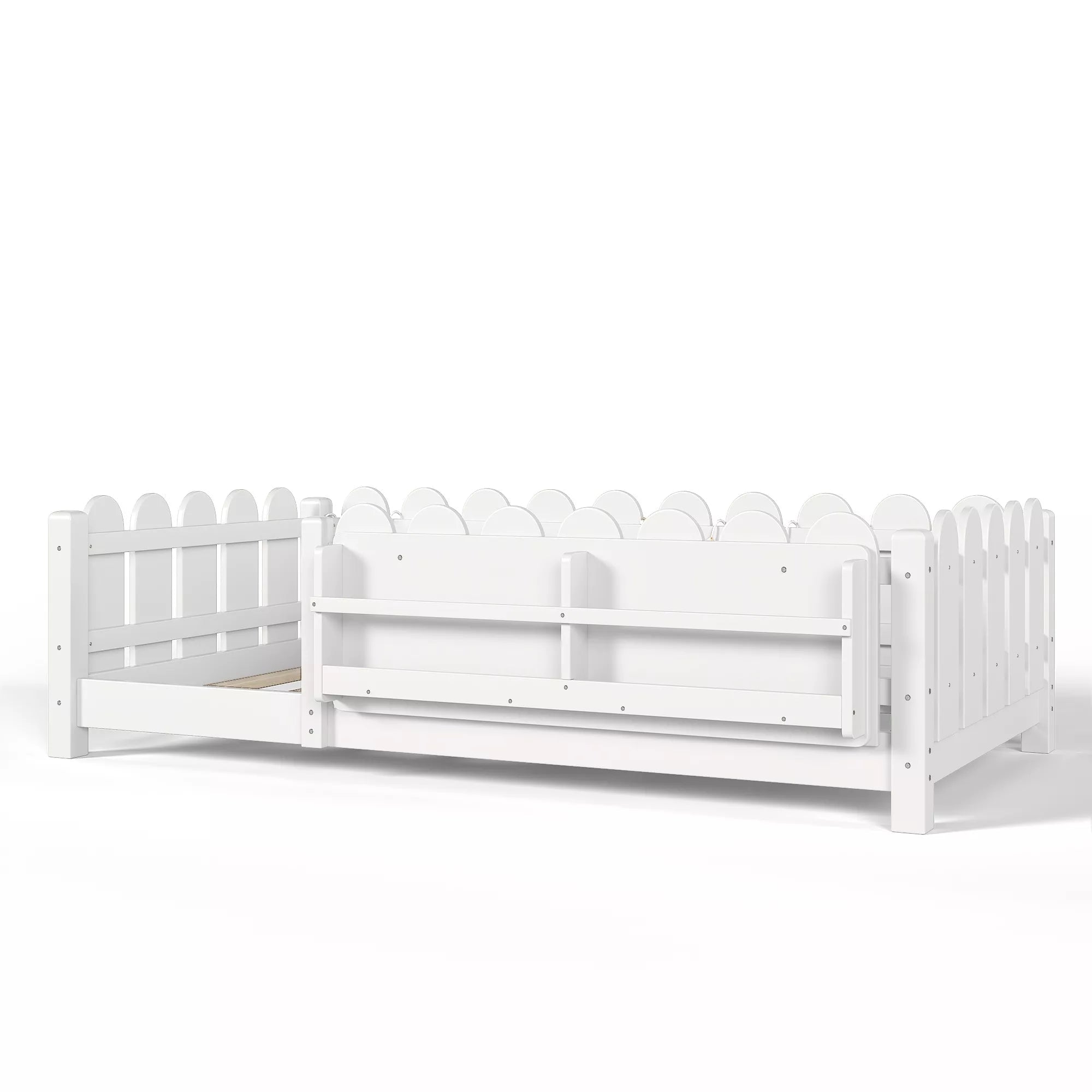 Bellemave® Floor Bed with Rails & Slats, Montessori Floor Bed with Bookshelf, Fence & Lights, Low Profile Montessori Beds Frame for Girls, Boys - Bellemave