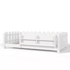 Bellemave® Floor Bed with Rails & Slats, Montessori Floor Bed with Bookshelf, Fence & Lights, Low Profile Montessori Beds Frame for Girls, Boys - Bellemave