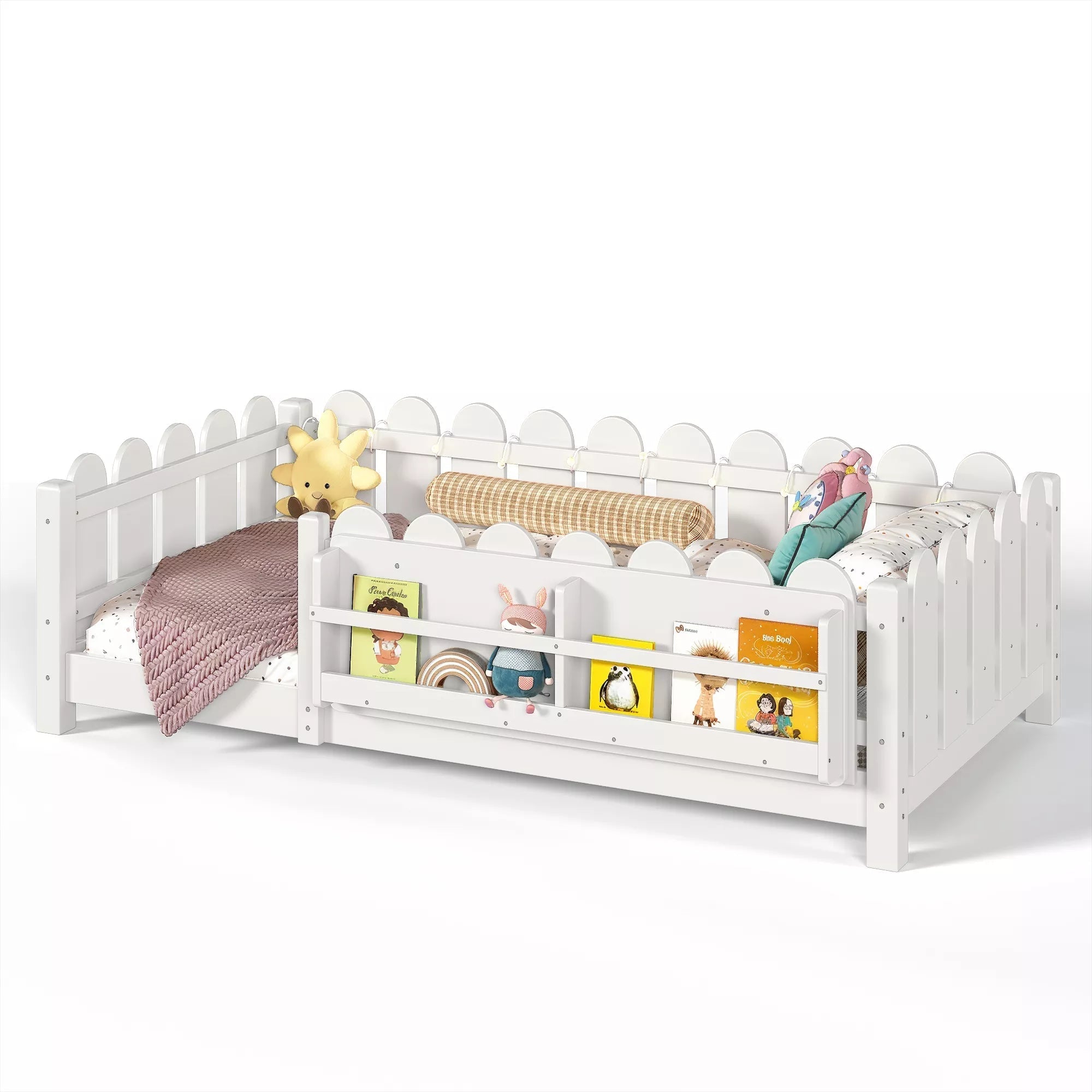 Bellemave® Floor Bed with Rails & Slats, Montessori Floor Bed with Bookshelf, Fence & Lights, Low Profile Montessori Beds Frame for Girls, Boys - Bellemave