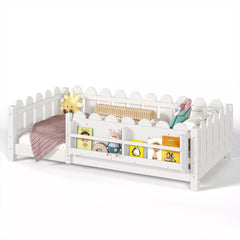 Bellemave® Floor Bed with Rails & Slats, Montessori Floor Bed with Bookshelf, Fence & Lights, Low Profile Montessori Beds Frame for Girls, Boys - Bellemave