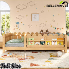 Bellemave® Floor Bed with Rails & Slats, Montessori Floor Bed with Bookshelf, Fence & Lights, Low Profile Montessori Beds Frame for Girls, Boys - Bellemave