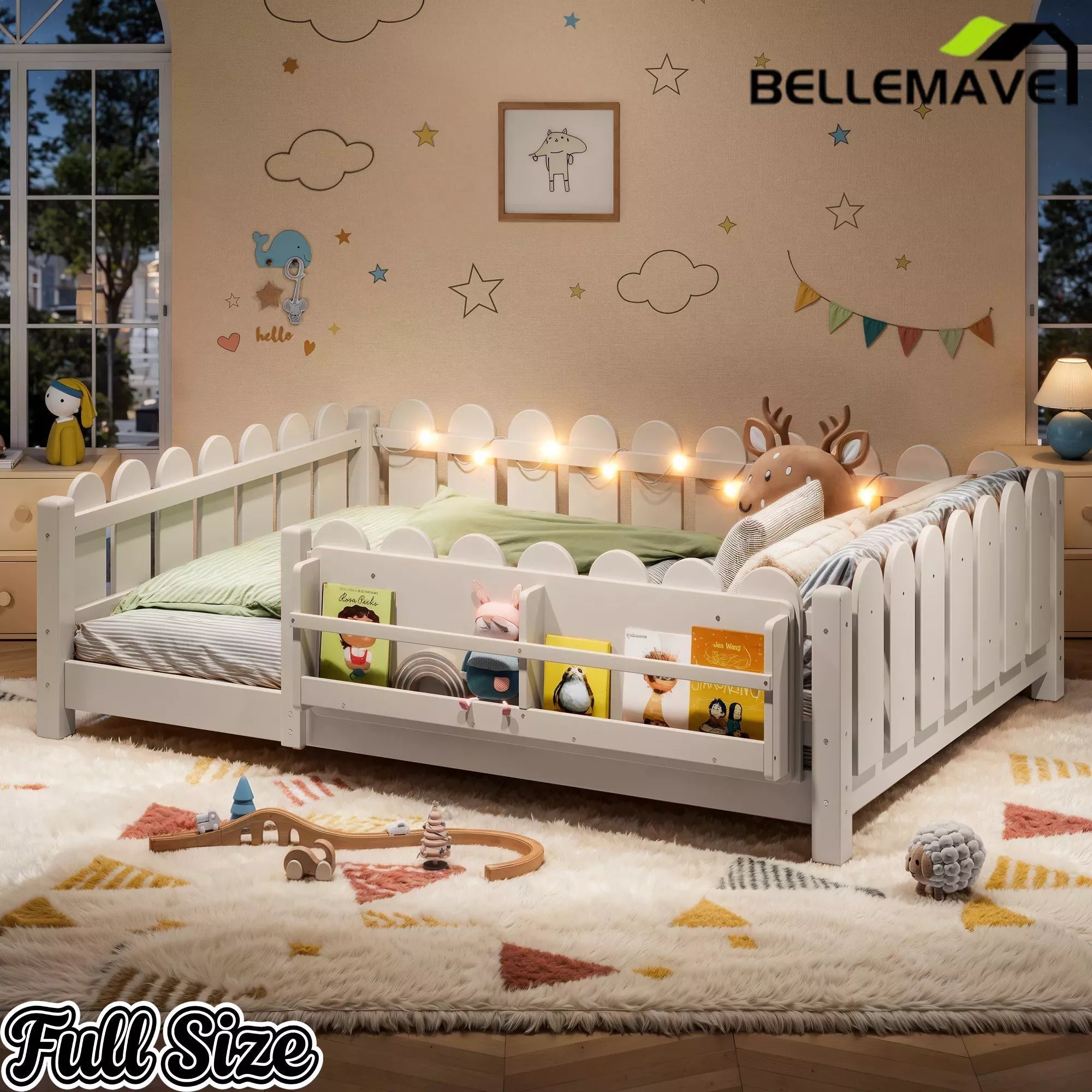 Bellemave® Floor Bed with Rails & Slats, Montessori Floor Bed with Bookshelf, Fence & Lights, Low Profile Montessori Beds Frame for Girls, Boys - Bellemave