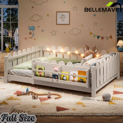 Bellemave® Floor Bed with Rails & Slats, Montessori Floor Bed with Bookshelf, Fence & Lights, Low Profile Montessori Beds Frame for Girls, Boys - Bellemave