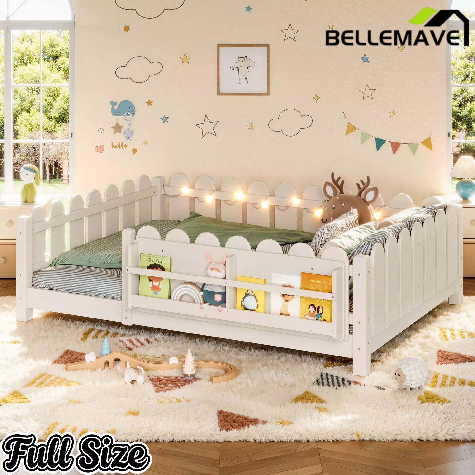 Bellemave® Floor Bed with Rails & Slats, Montessori Floor Bed with Bookshelf, Fence & Lights, Low Profile Montessori Beds Frame for Girls, Boys - Bellemave