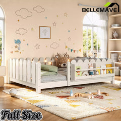 Bellemave® Floor Bed with Rails & Slats, Montessori Floor Bed with Bookshelf, Fence & Lights, Low Profile Montessori Beds Frame for Girls, Boys - Bellemave