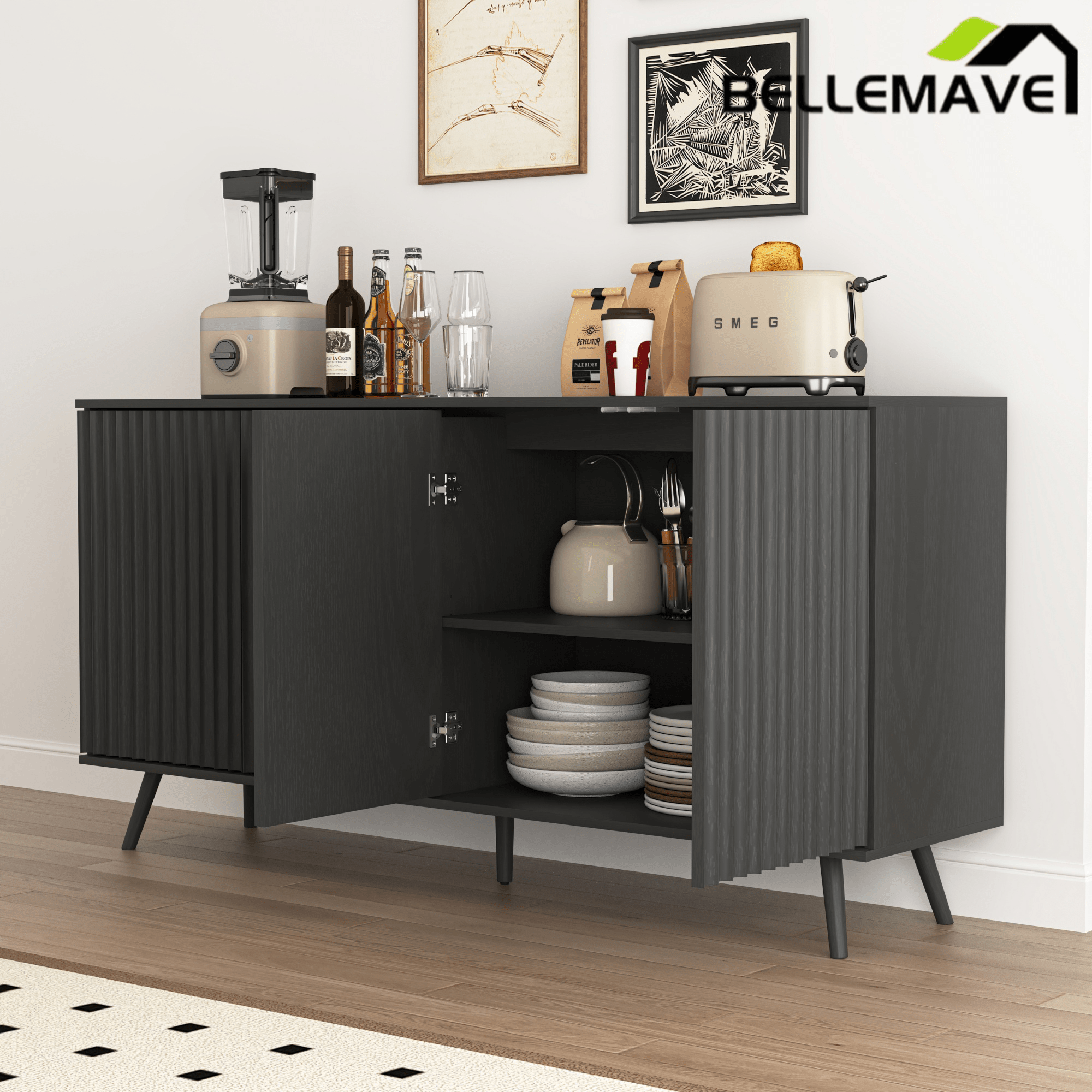 Bellemave® Fluted Buffet Sideboard Cabinet with Storages, Modern Accent Cabinet with 4 Doors & Adjustable Shelves for Kitchen, Living - Bellemave
