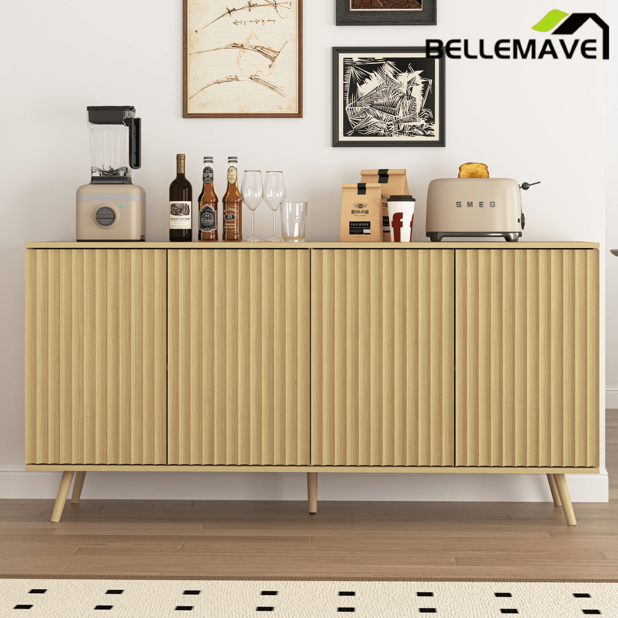 Bellemave® Fluted Buffet Sideboard Cabinet with Storages, Modern Accent Cabinet with 4 Doors & Adjustable Shelves for Kitchen, Living - Bellemave