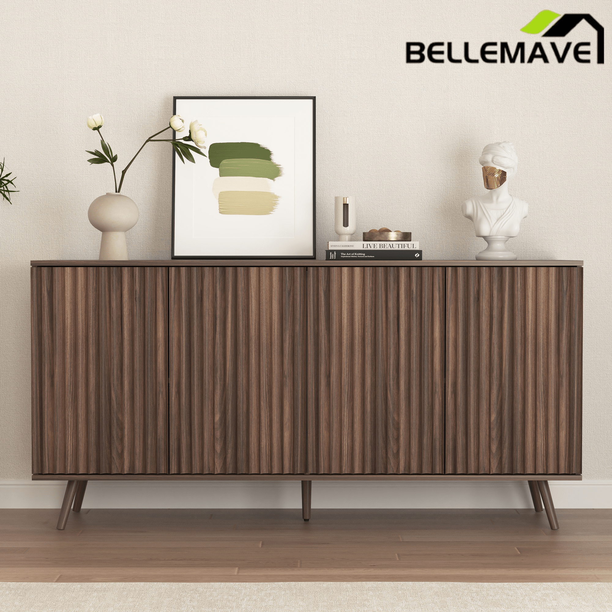 Bellemave® Fluted Buffet Sideboard Cabinet with Storages, Modern Accent Cabinet with 4 Doors & Adjustable Shelves for Kitchen, Living - Bellemave