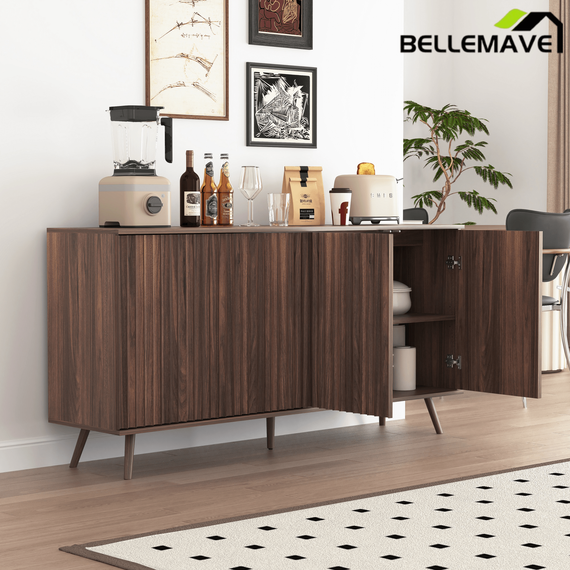 Bellemave® Fluted Buffet Sideboard Cabinet with Storages, Modern Accent Cabinet with 4 Doors & Adjustable Shelves for Kitchen, Living - Bellemave