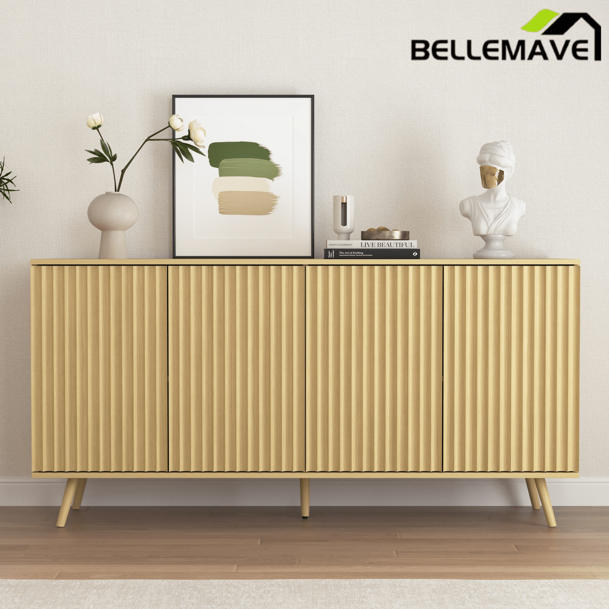 Bellemave® Fluted Buffet Sideboard Cabinet with Storages, Modern Accent Cabinet with 4 Doors & Adjustable Shelves for Kitchen, Living - Bellemave