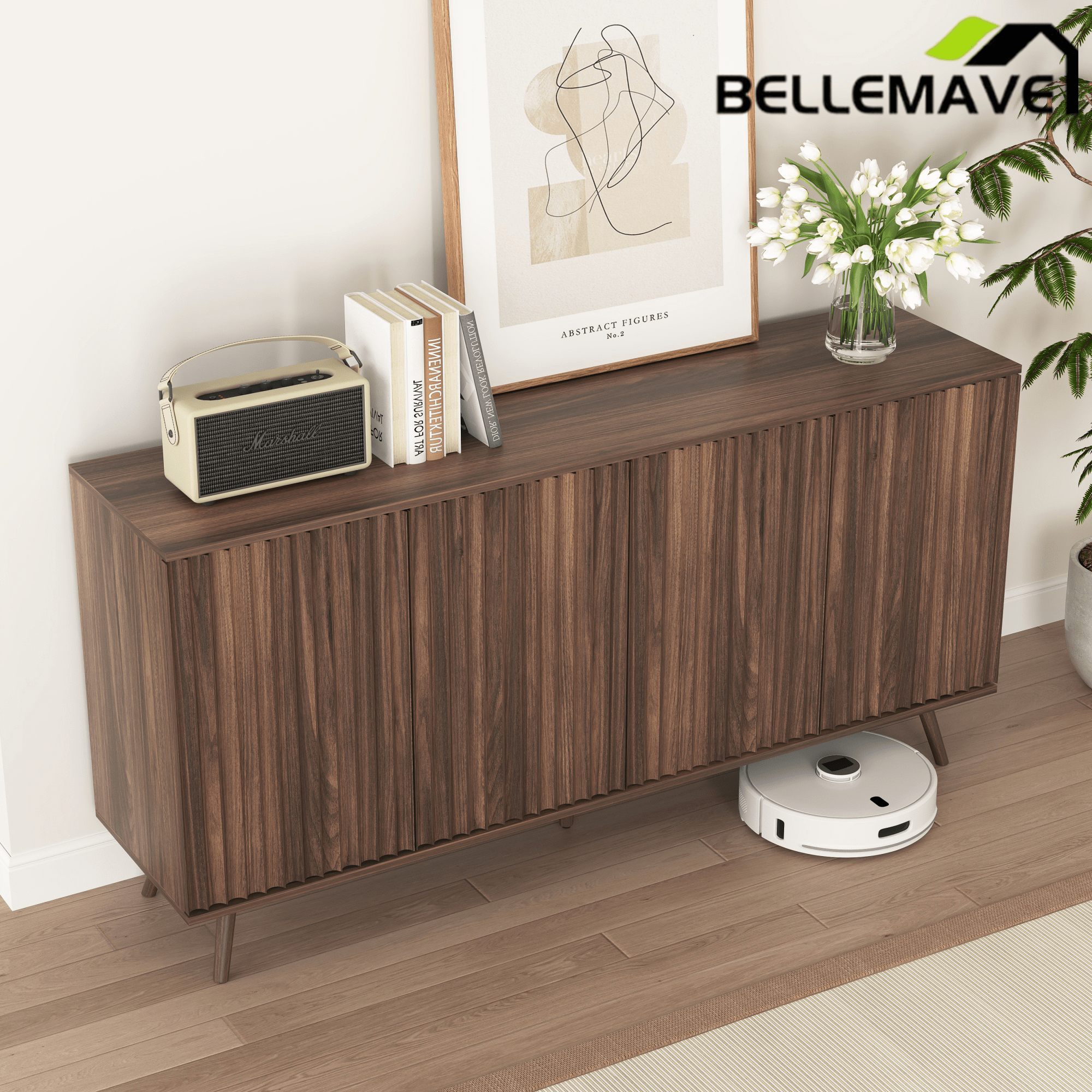 Bellemave® Fluted Buffet Sideboard Cabinet with Storages, Modern Accent Cabinet with 4 Doors & Adjustable Shelves for Kitchen, Living - Bellemave