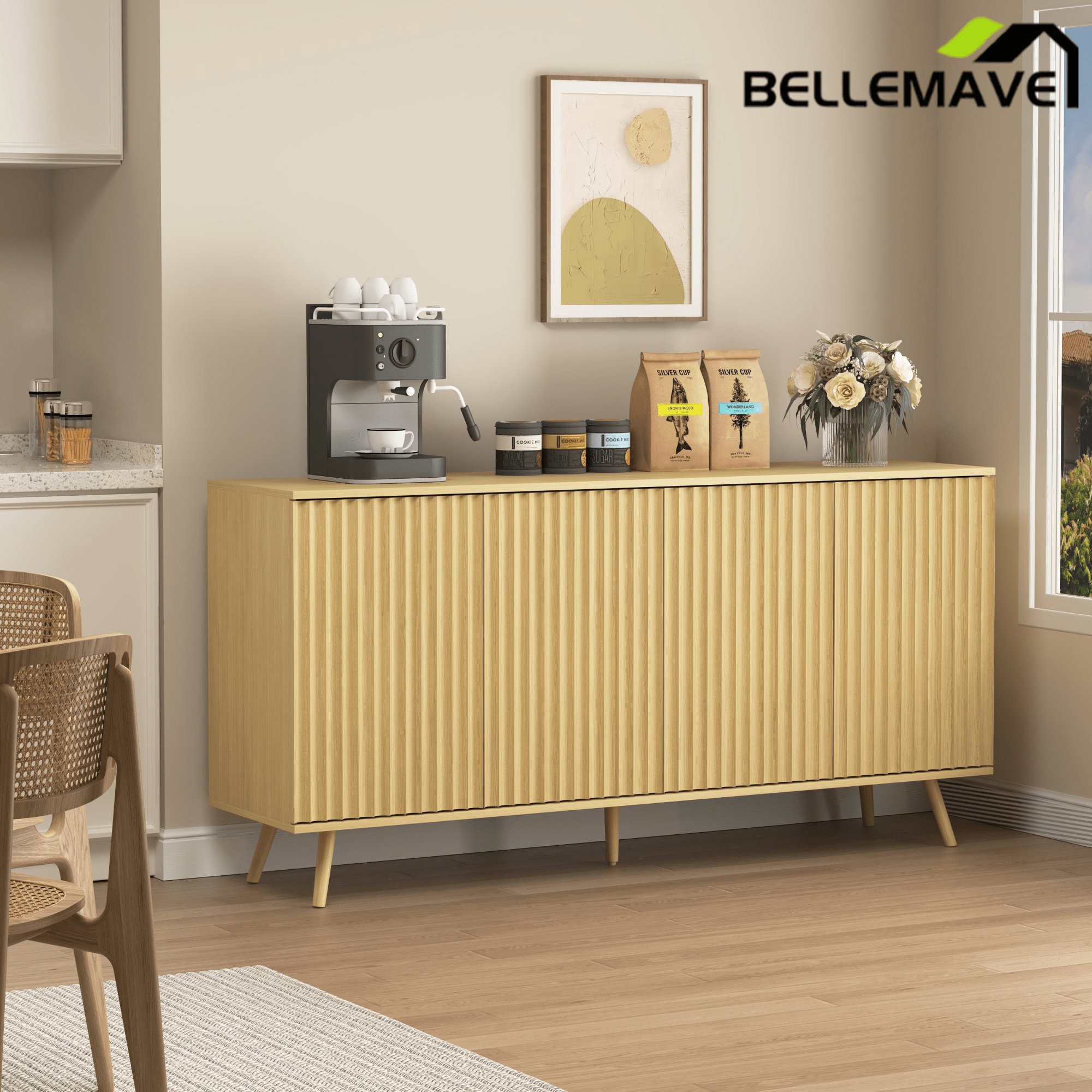 Bellemave® Fluted Buffet Sideboard Cabinet with Storages, Modern Accent Cabinet with 4 Doors & Adjustable Shelves for Kitchen, Living - Bellemave