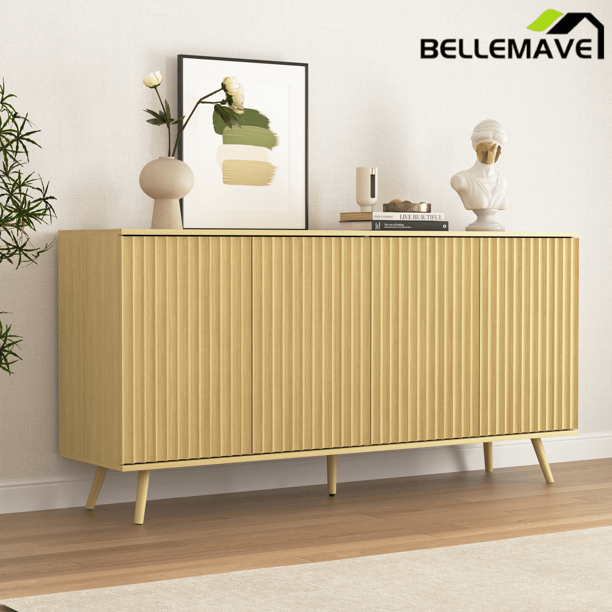 Bellemave® Fluted Buffet Sideboard Cabinet with Storages, Modern Accent Cabinet with 4 Doors & Adjustable Shelves for Kitchen, Living - Bellemave