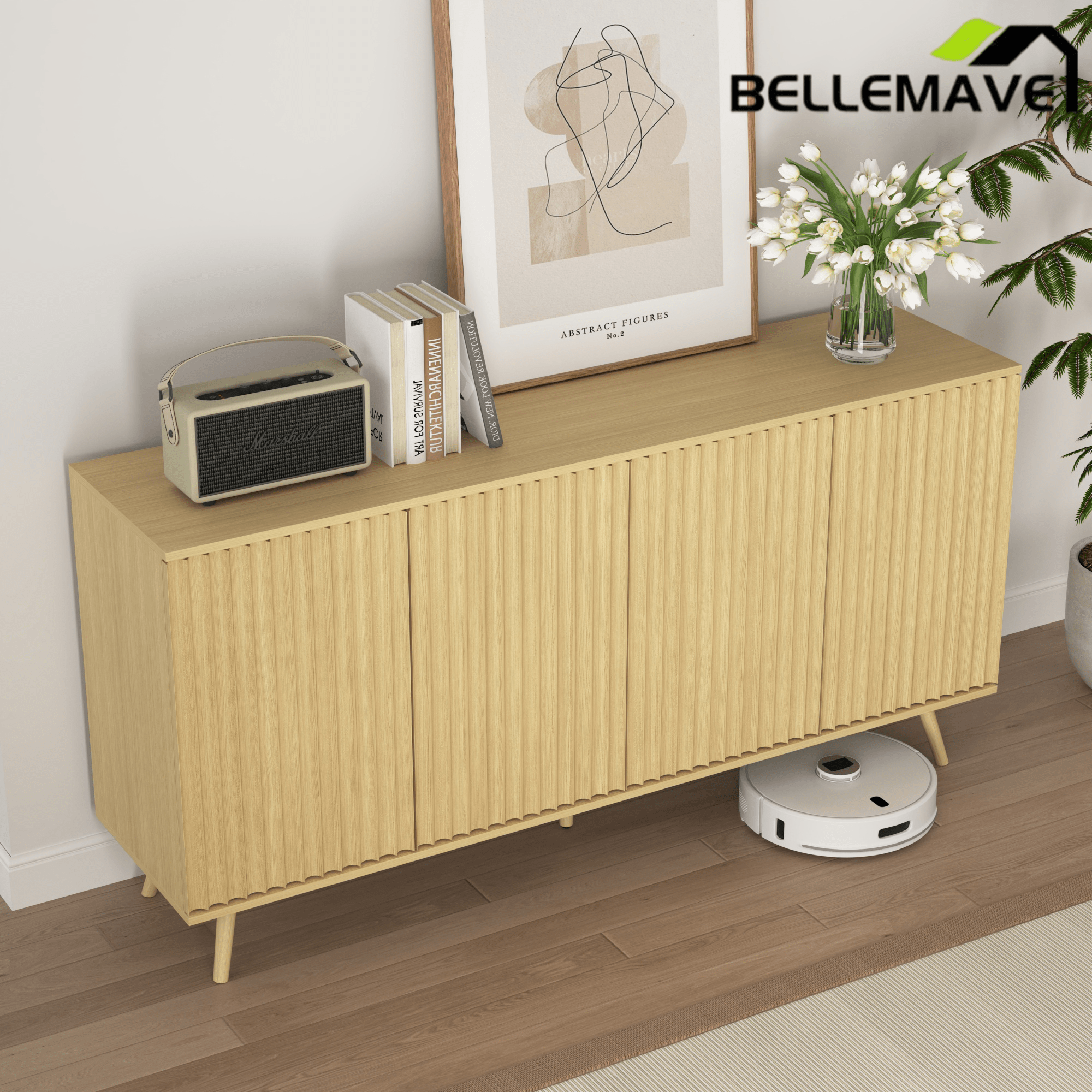 Bellemave® Fluted Buffet Sideboard Cabinet with Storages, Modern Accent Cabinet with 4 Doors & Adjustable Shelves for Kitchen, Living - Bellemave