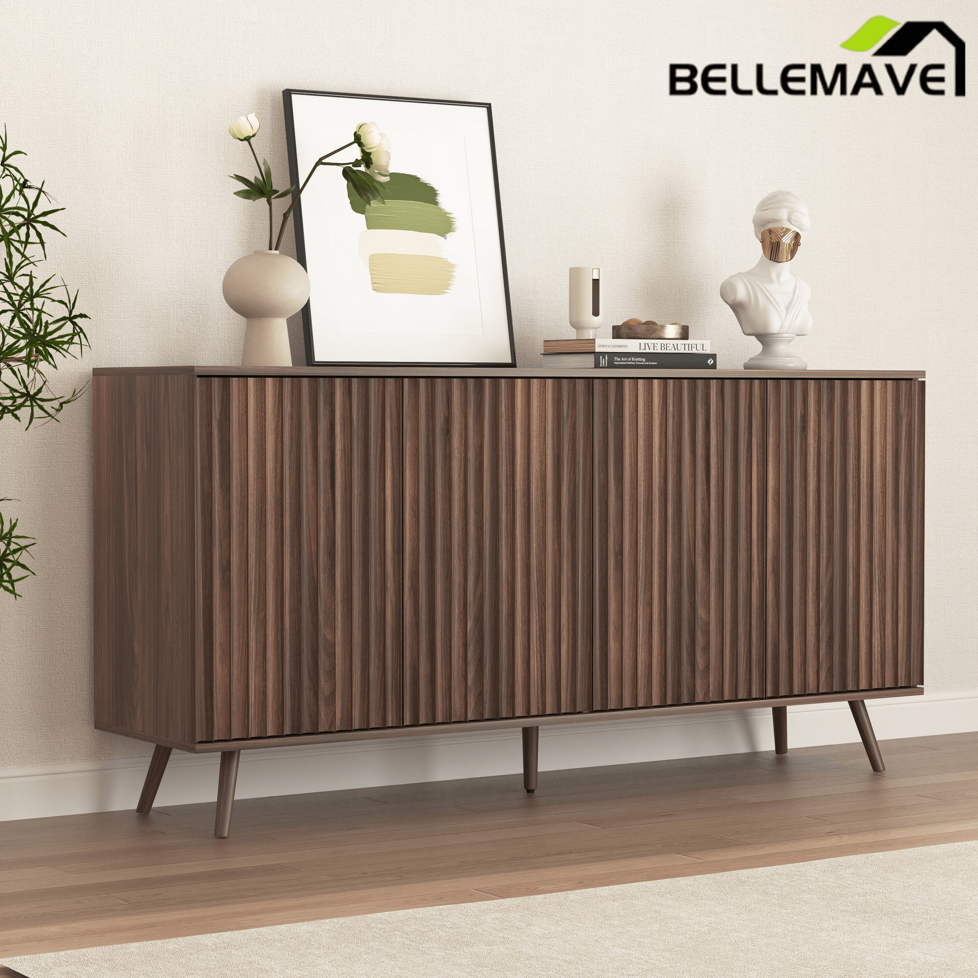 Bellemave® Fluted Buffet Sideboard Cabinet with Storages, Modern Accent Cabinet with 4 Doors & Adjustable Shelves for Kitchen, Living - Bellemave
