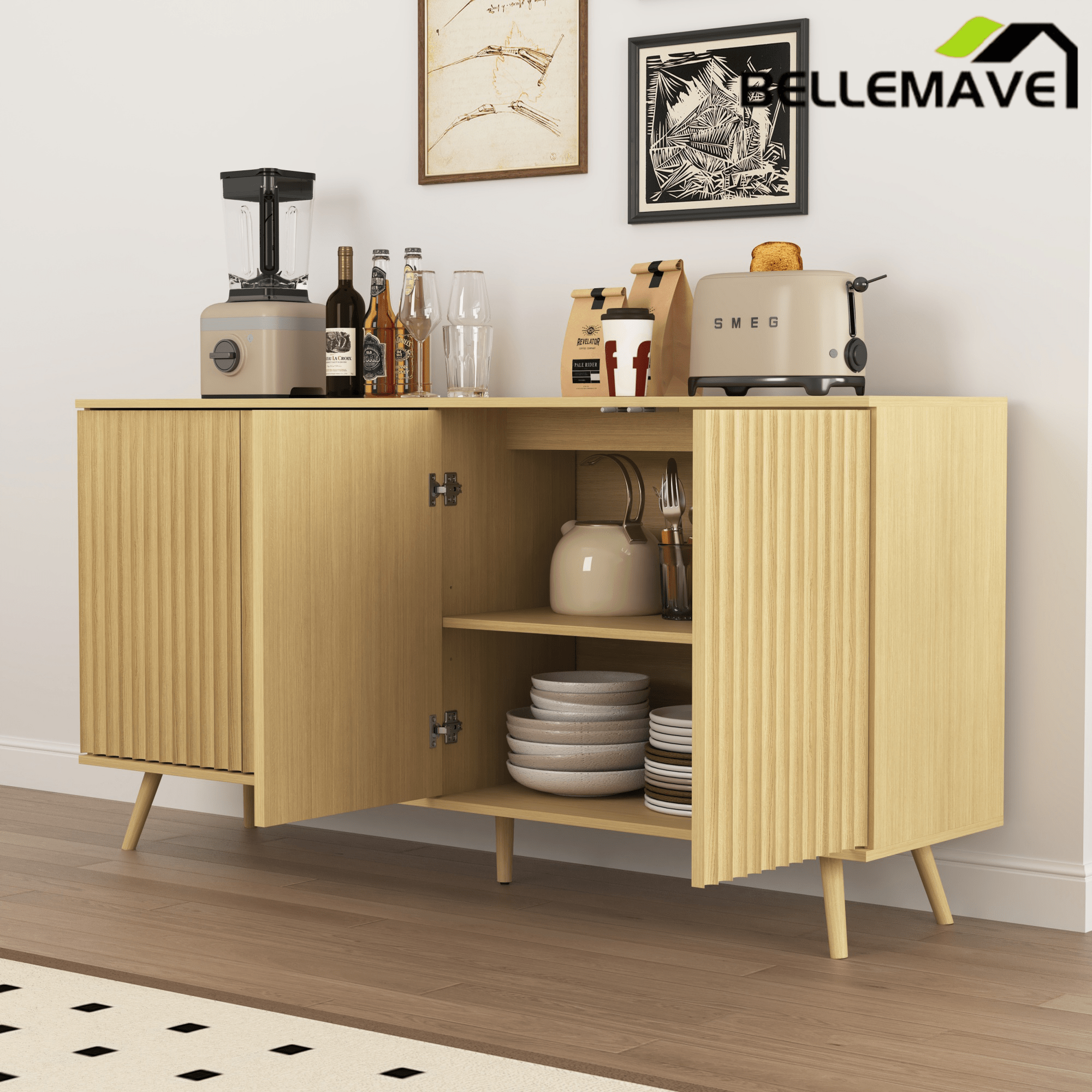 Bellemave® Fluted Buffet Sideboard Cabinet with Storages, Modern Accent Cabinet with 4 Doors & Adjustable Shelves for Kitchen, Living - Bellemave