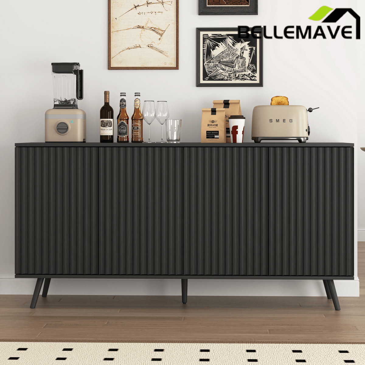 Bellemave® Fluted Buffet Sideboard Cabinet with Storages, Modern Accent Cabinet with 4 Doors & Adjustable Shelves for Kitchen, Living - Bellemave