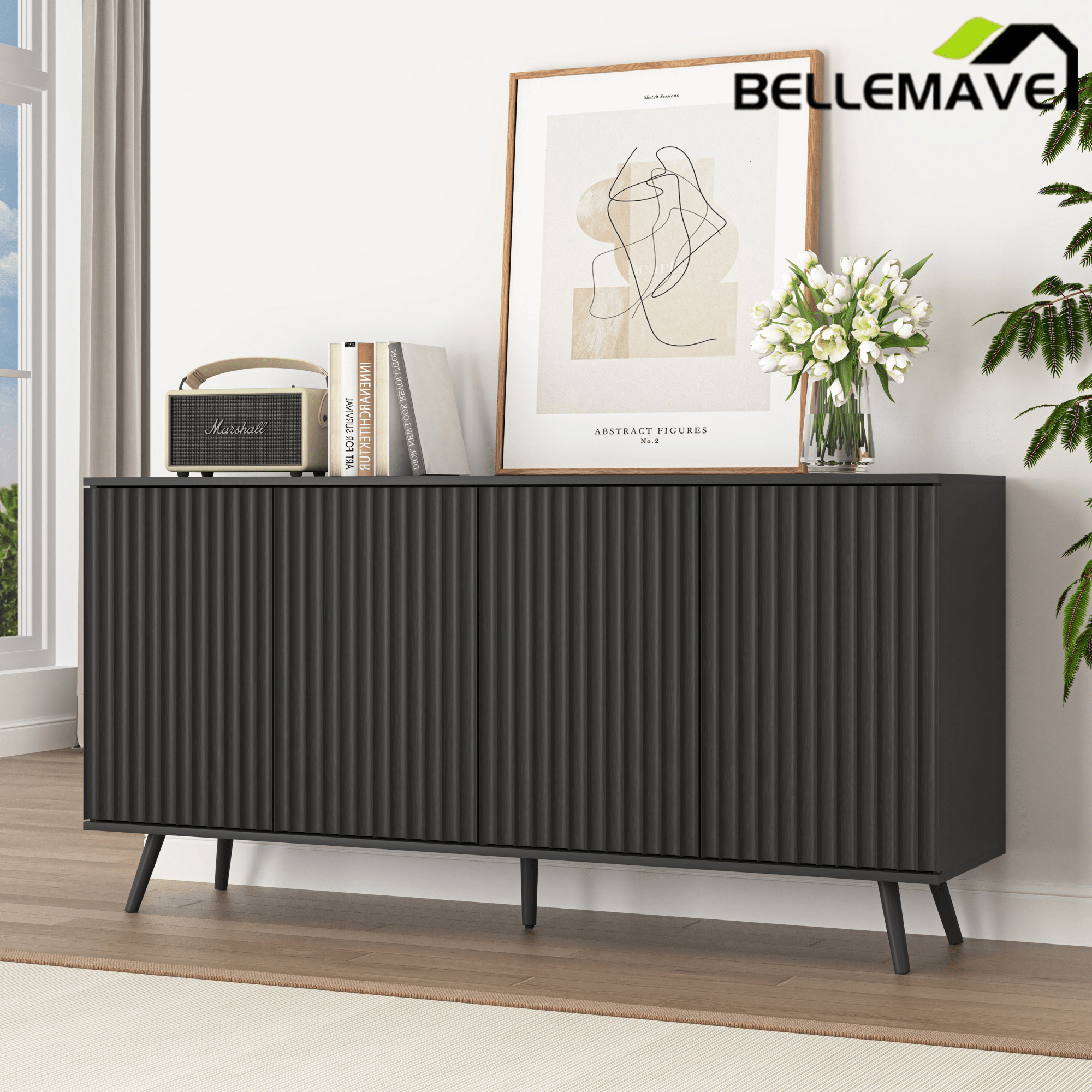 Bellemave® Fluted Buffet Sideboard Cabinet with Storages, Modern Accent Cabinet with 4 Doors & Adjustable Shelves for Kitchen, Living - Bellemave