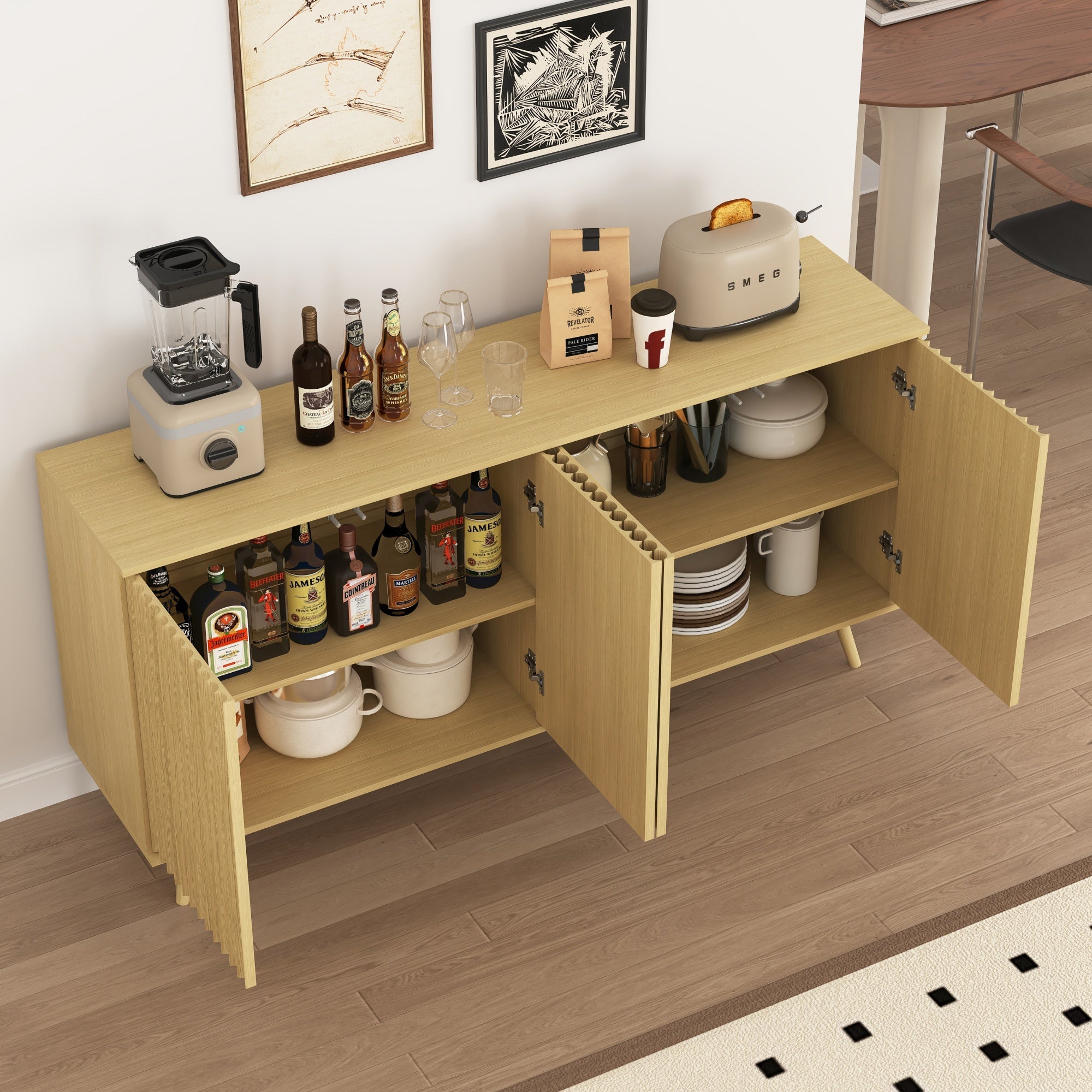 Bellemave® Fluted Buffet Sideboard Cabinet with Storages, Modern Accent Cabinet with 4 Doors & Adjustable Shelves for Kitchen, Living - Bellemave