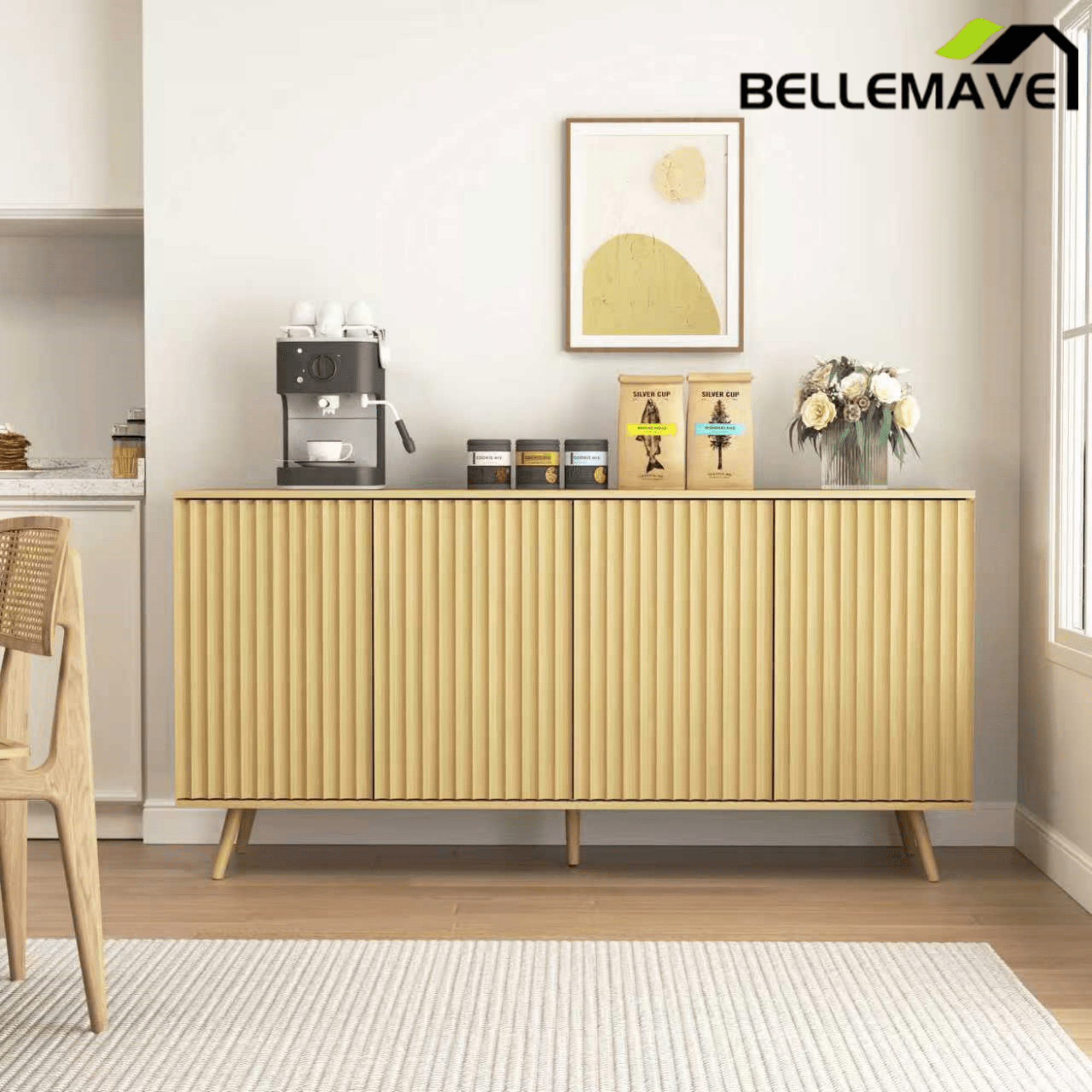 Bellemave® Fluted Buffet Sideboard Cabinet with Storages, Modern Accent Cabinet with 4 Doors & Adjustable Shelves for Kitchen, Living - Bellemave