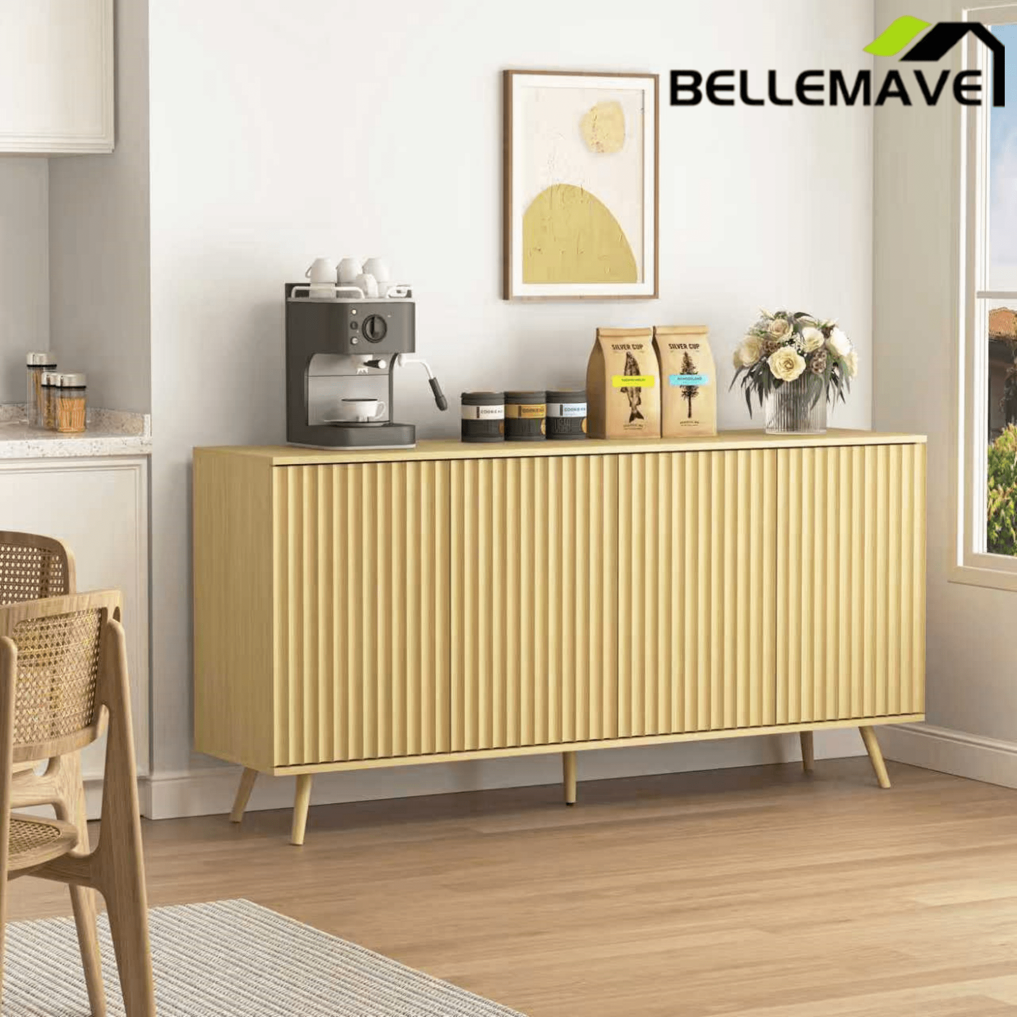 Bellemave® Fluted Buffet Sideboard Cabinet with Storages, Modern Accent Cabinet with 4 Doors & Adjustable Shelves for Kitchen, Living - Bellemave