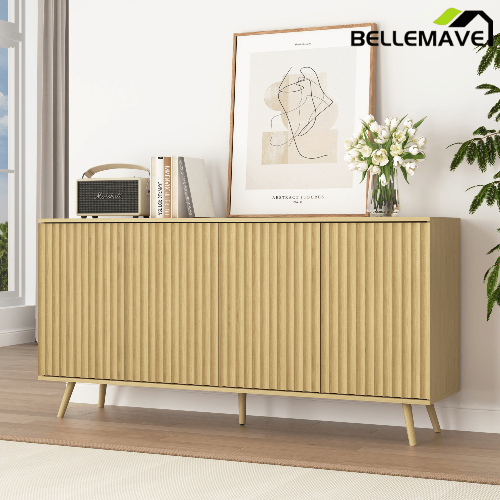 Bellemave® Fluted Buffet Sideboard Cabinet with Storages, Modern Accent Cabinet with 4 Doors & Adjustable Shelves for Kitchen, Living - Bellemave
