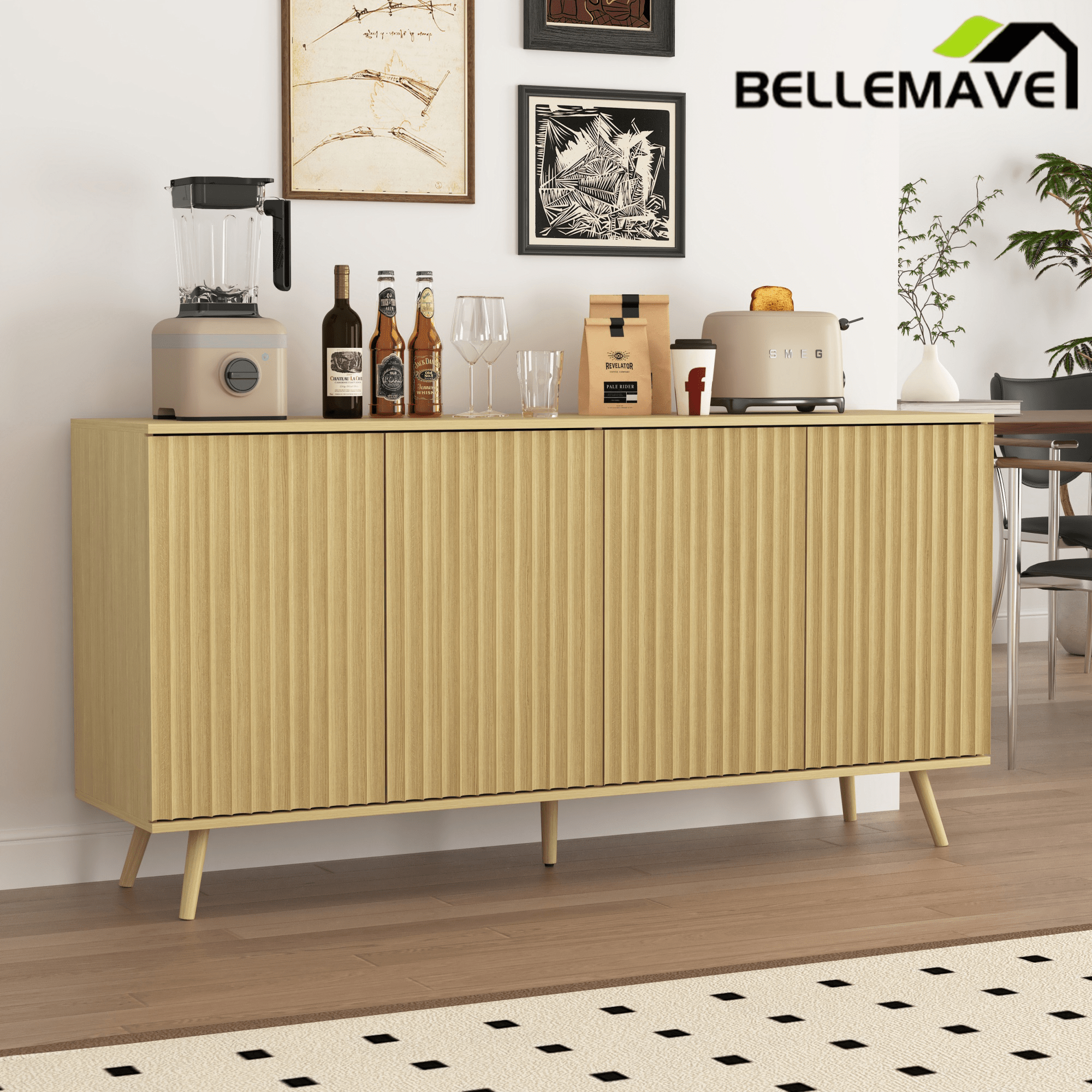 Bellemave® Fluted Buffet Sideboard Cabinet with Storages, Modern Accent Cabinet with 4 Doors & Adjustable Shelves for Kitchen, Living - Bellemave
