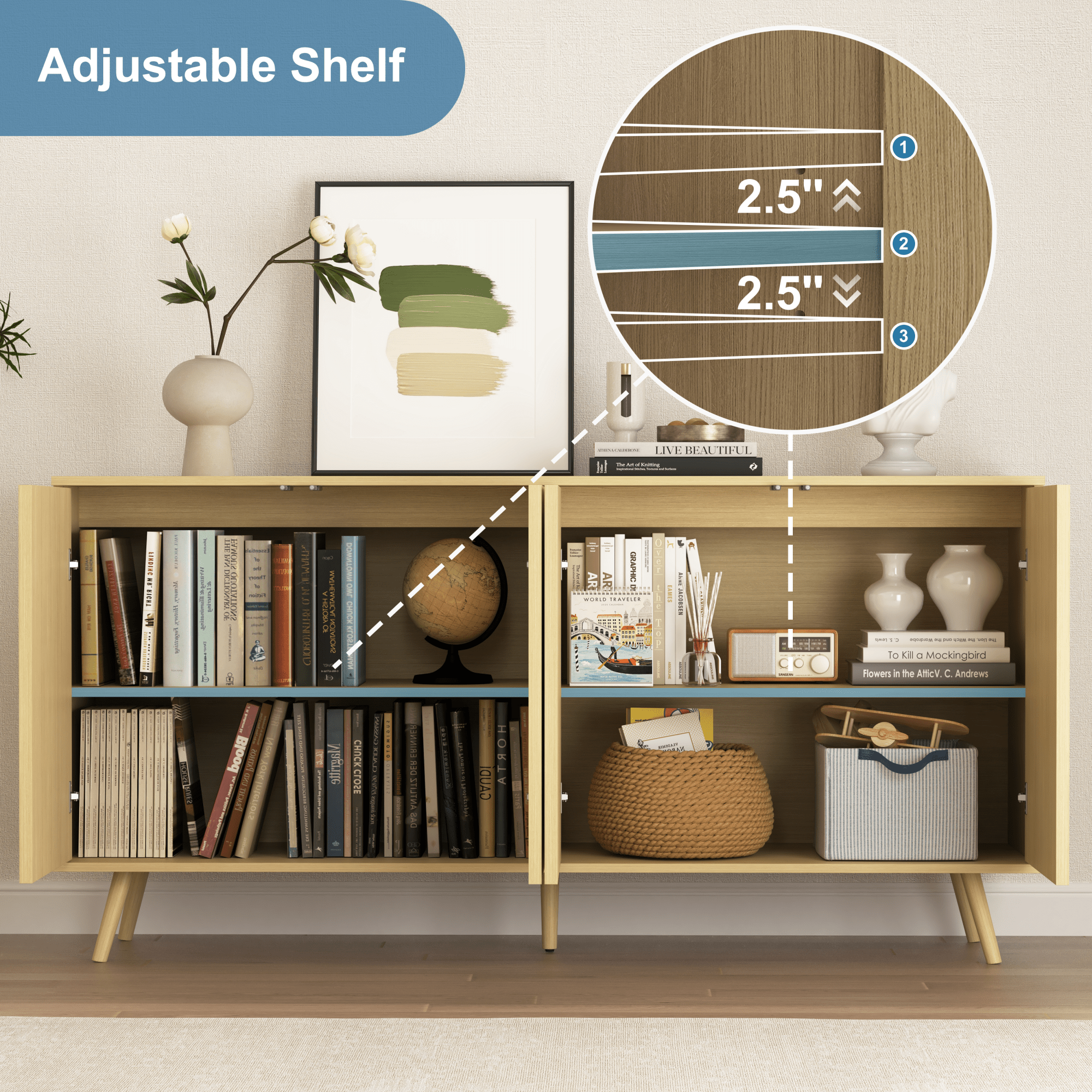 Bellemave® Fluted Buffet Sideboard Cabinet with Storages, Modern Accent Cabinet with 4 Doors & Adjustable Shelves for Kitchen, Living - Bellemave