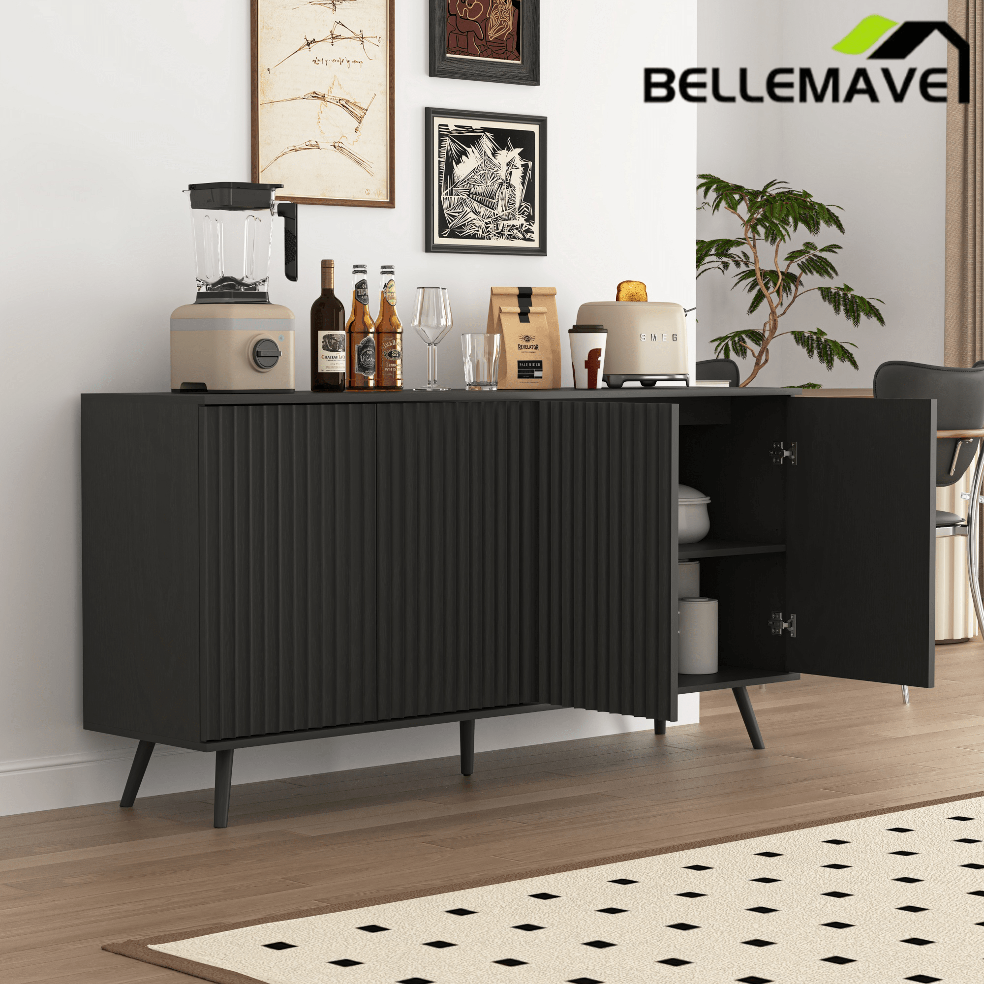 Bellemave® Fluted Buffet Sideboard Cabinet with Storages, Modern Accent Cabinet with 4 Doors & Adjustable Shelves for Kitchen, Living - Bellemave