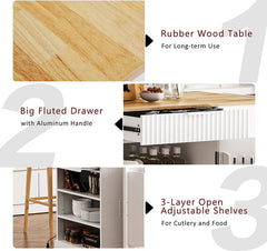 Bellemave® Fluted Kitchen Island on 5 Wheels with Trash Can Storage Cabinet, Power Outlet, Internal Storage Rack, 3 Drawer and 3 Open Side Racks - Bellemave