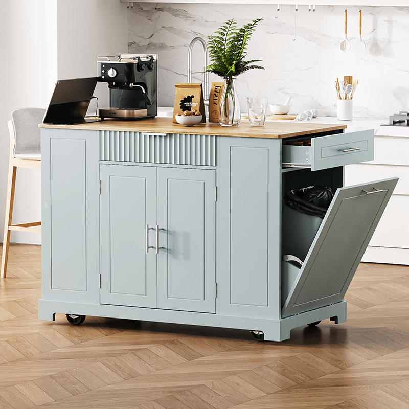Bellemave® Fluted Kitchen Island on 5 Wheels with Trash Can Storage Cabinet, Power Outlet, Internal Storage Rack, 3 Drawer and 3 Open Side Racks - Bellemave